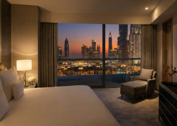 Address Downtown hotel exterior with panoramic views of Burj Khalifa and Dubai Fountain
