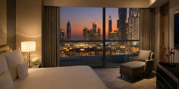 Address Downtown hotel exterior with panoramic views of Burj Khalifa and Dubai Fountain