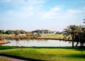 Architectural masterpiece Falcon Clubhouse with outstretched wings overlooking the championship course at Abu Dhabi Golf Club