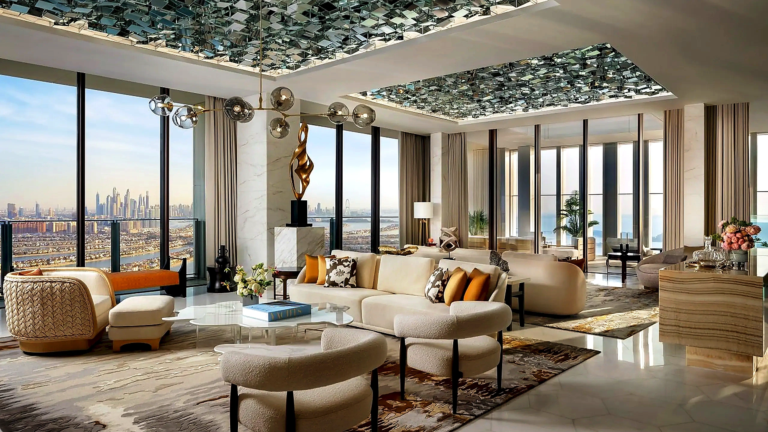 Panoramic Penthouse living area overlooking the Arabian Gulf and Dubai skyline at Atlantis The Royal