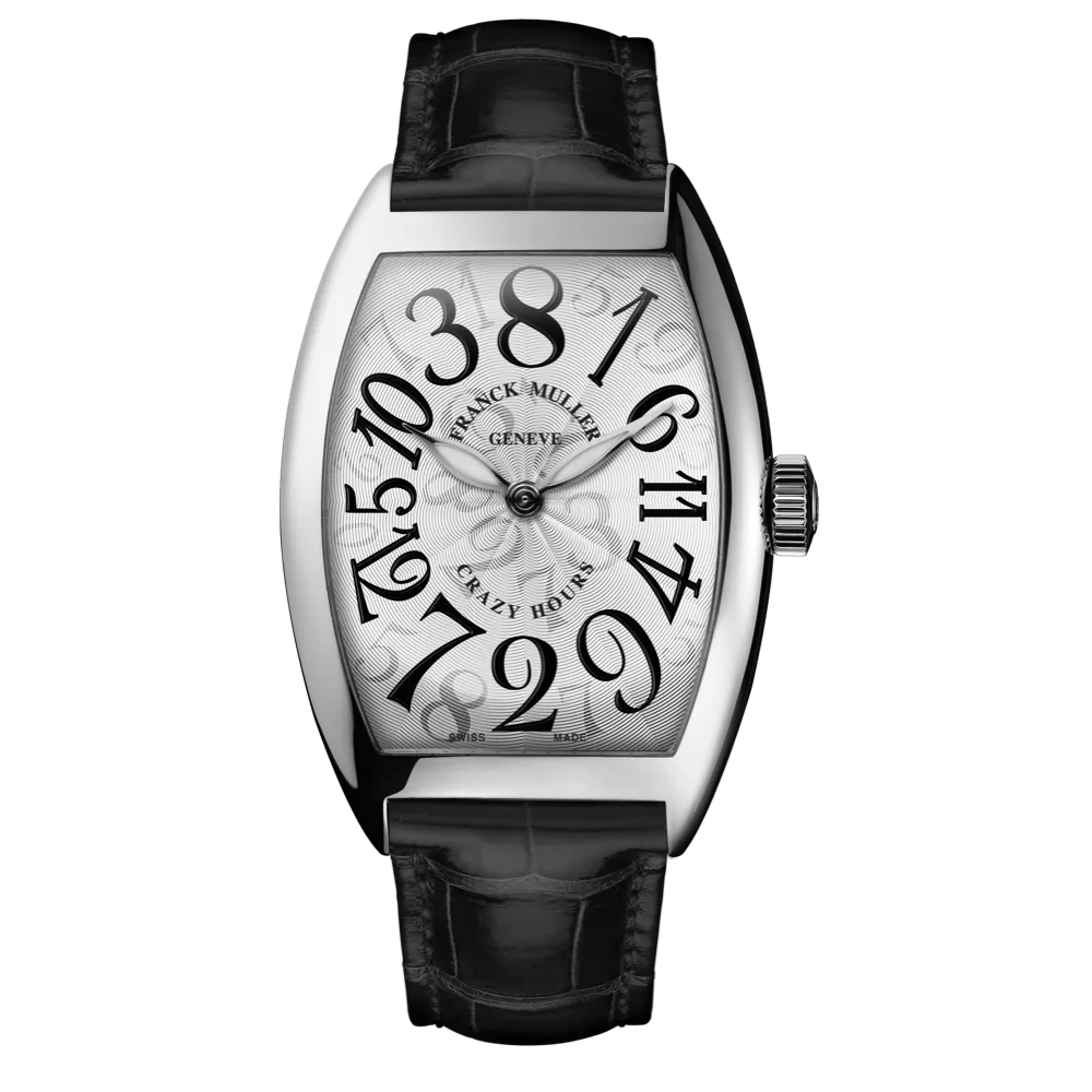 Franck Muller Crazy Hours in white gold with white dial, black numerals and black strap