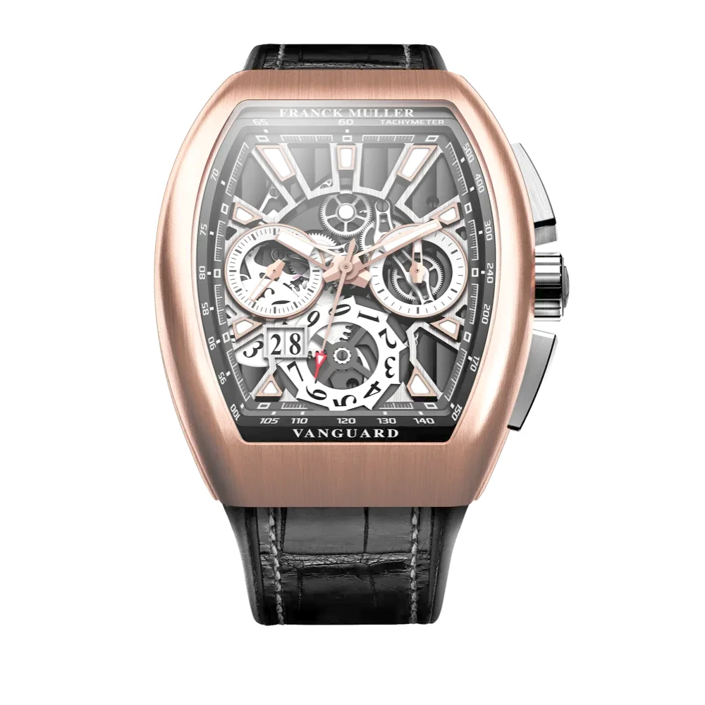 Openworked Franck Muller Vanguard Skeleton revealing its hand-finished movement and case