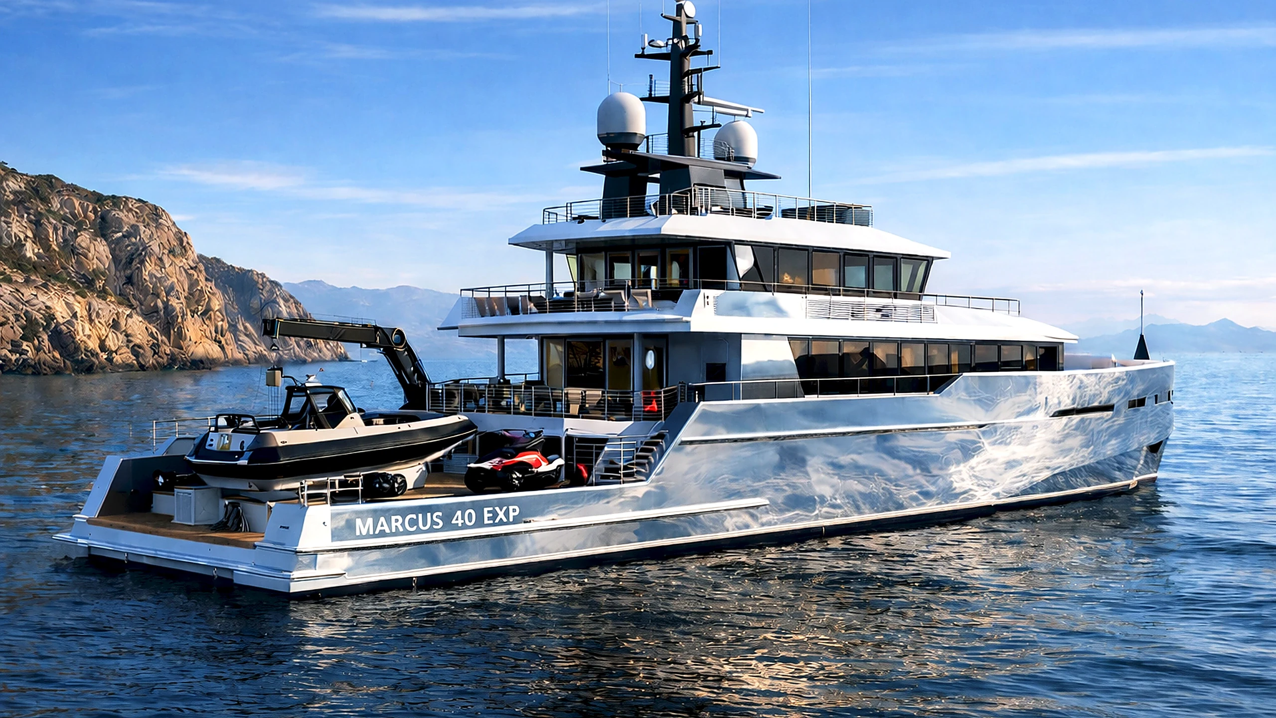 Marcus 40 EXP luxury explorer motor yacht underway at golden hour sunset in Dubai