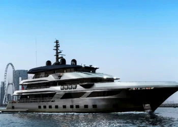 Marcus Yachting luxury crewed superyacht charter cruising past Ain Dubai and Dubai Marina skyline